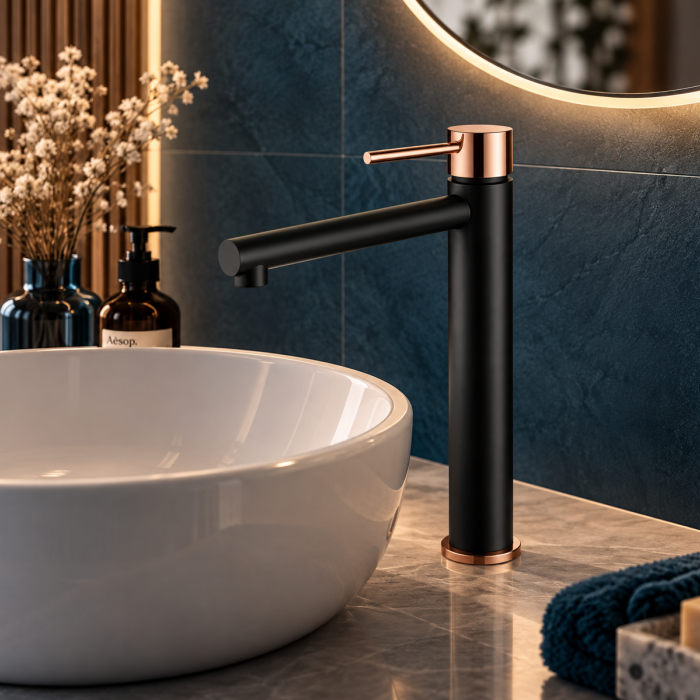 Mitigeur lavabo haut loop k noir mat manette or rose brossé