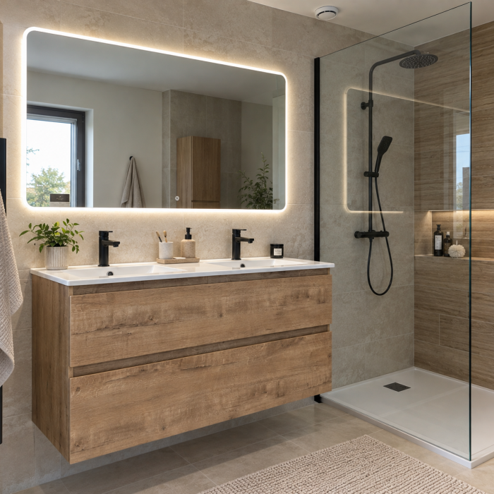 Ensemble Meuble Carmen 120x45cm + Miroir LED Lisse Coins Arrondis 120x70cm