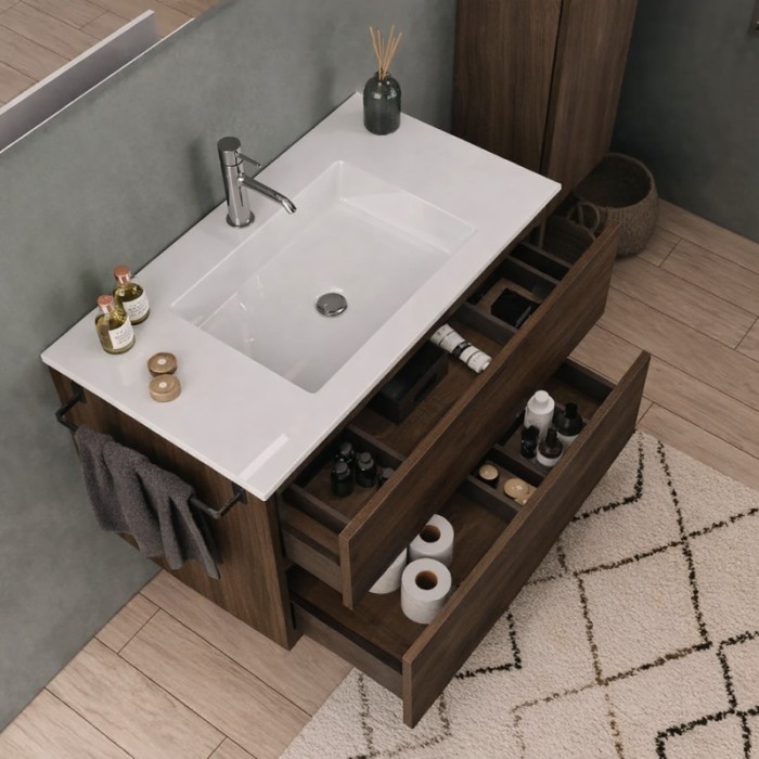 vu de haut Ensemble meuble salle de bain Colmar 80 cm – Meuble + Vasque + Miroir LED + Robinetterie GRB Chrome