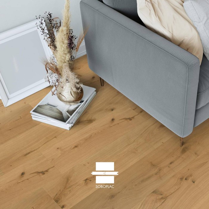 parquet contrecollé chêne verni, parquet Soboplac PPR409, parquet chêne verni promotion, parquet contrecollé intérieur, sol bois verni durable, parquet salon chêne verni, parquet haute performance, parquet moderne